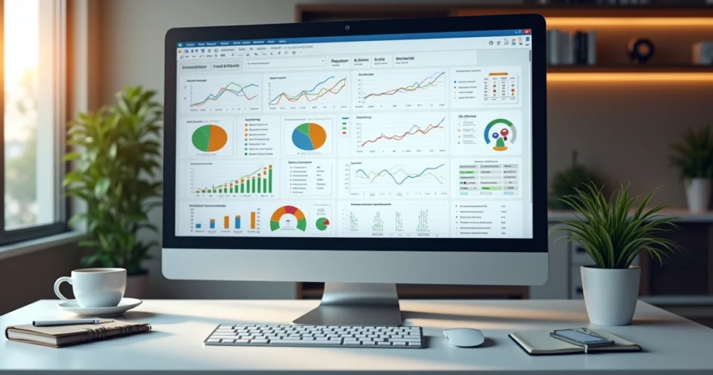 Tela de computador mostrando dashboard de relatórios de compliance em LMS com gráficos e tabelas auditáveis