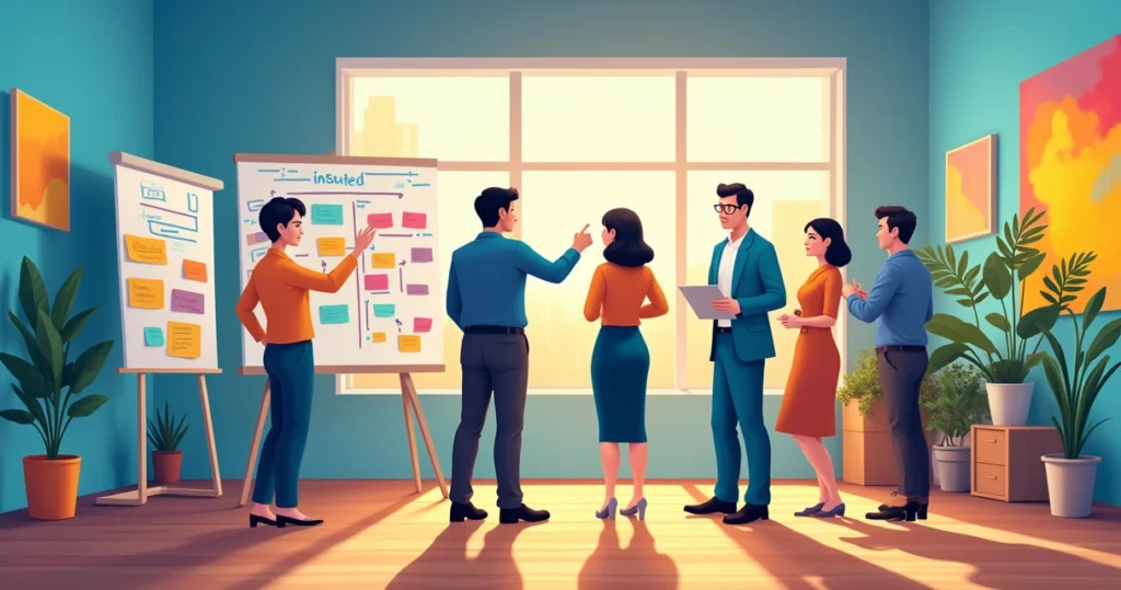 Reunião criativa em um escritório moderno com profissionais colaborando em um brainstorming.