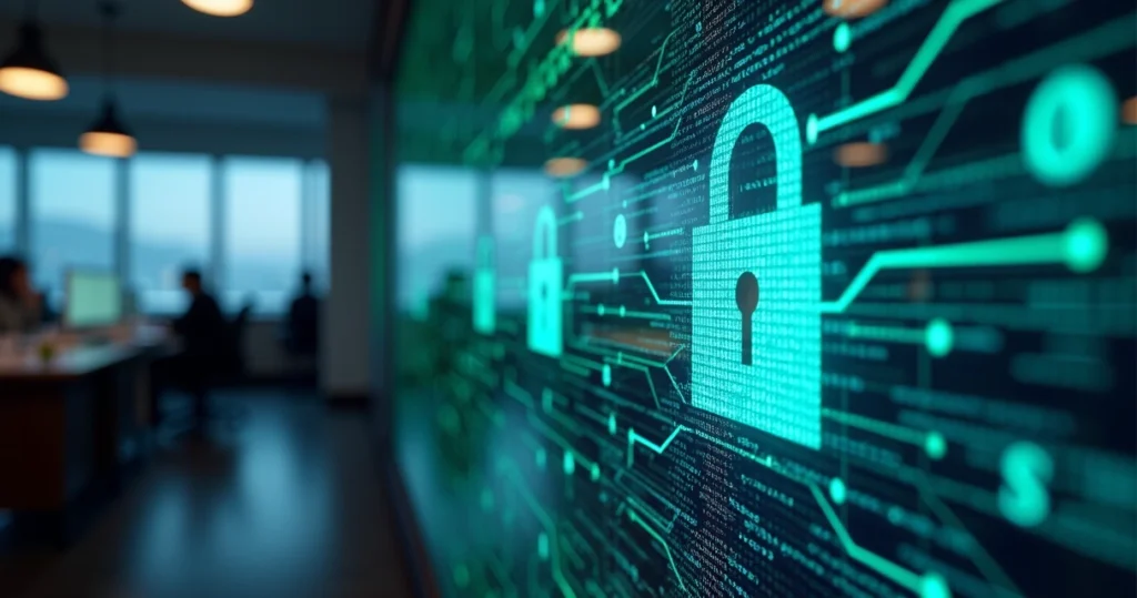Tela digital mostrando código binário com ícones de cadeado e IA ao fundo