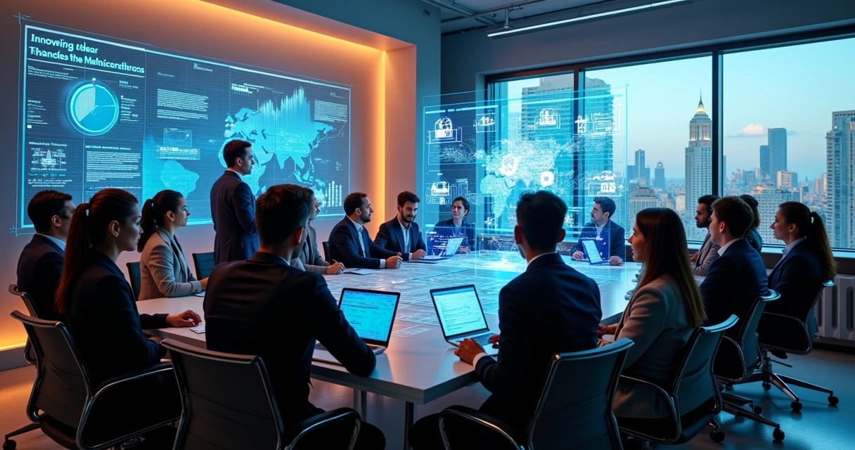 Funcionários diversificados participando de uma sala de treinamento corporativo futurista.