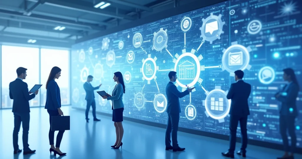 Fluxo de trabalho automatizado ilustrado com ícones digitais conectados, mostrando eficiência e produtividade empresarial