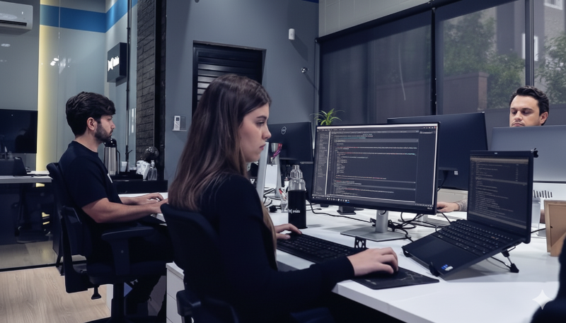 Equipe de negócios reunida discutindo estratégias de desenvolvimento humano e organizacional em sala moderna