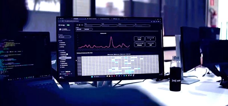 Computador com tela mostrando dashboard de compliance digital em ambiente corporativo moderno e iluminado