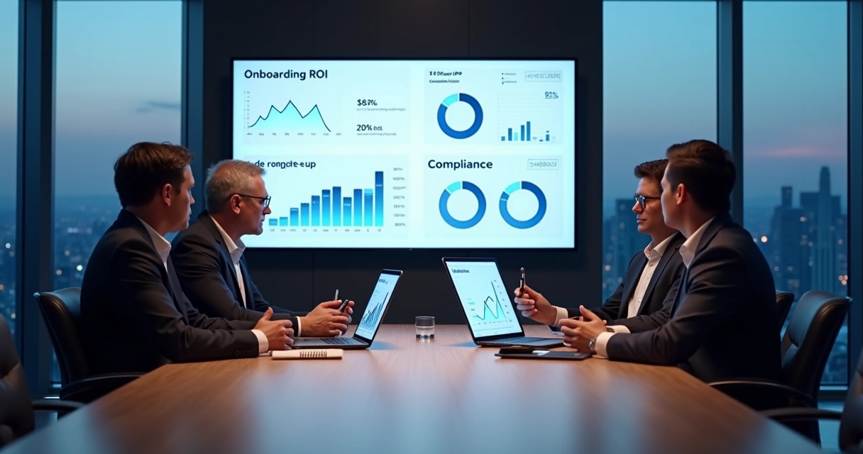 Gestores analisando painel de ROI de onboarding digital em escritório moderno