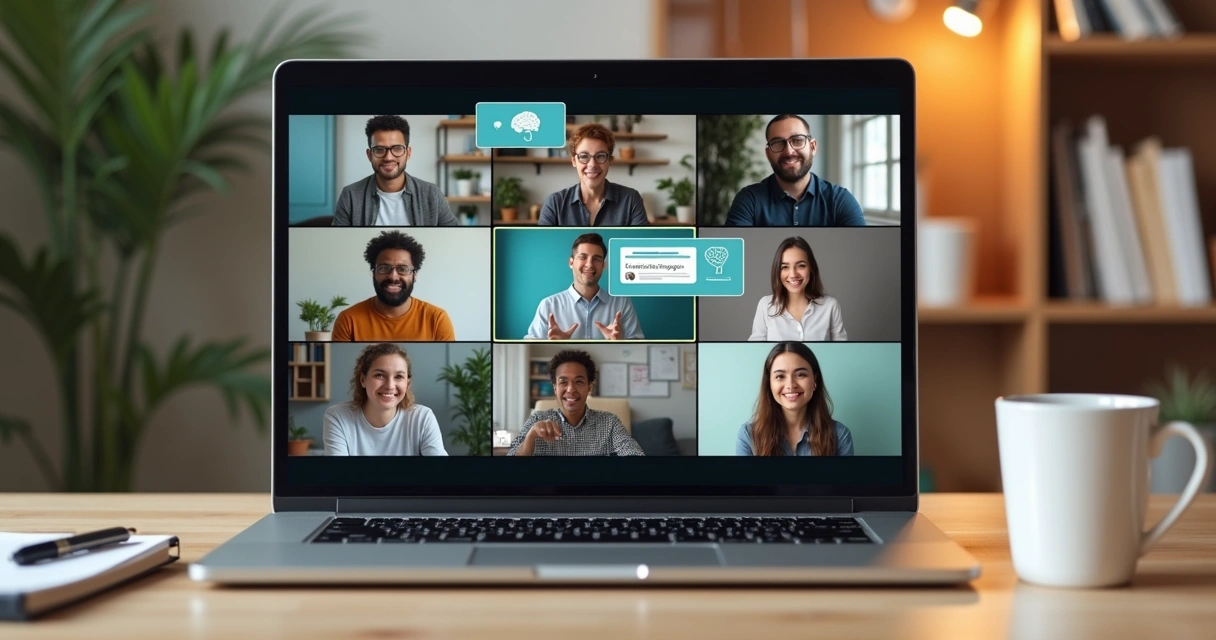 Equipe remota em videoconferência com RH mediando conversa sobre bem-estar emocional