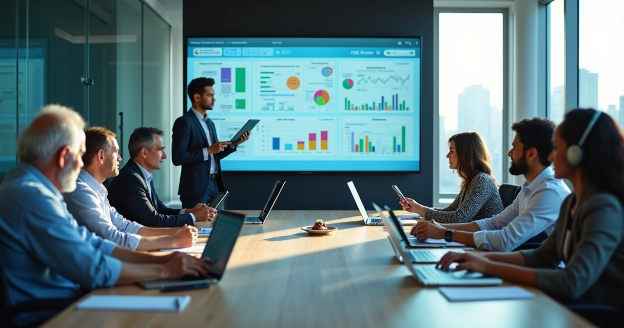 Sala de treinamento corporativo com colaboradores de diferentes idades interagindo com telas digitais e IA