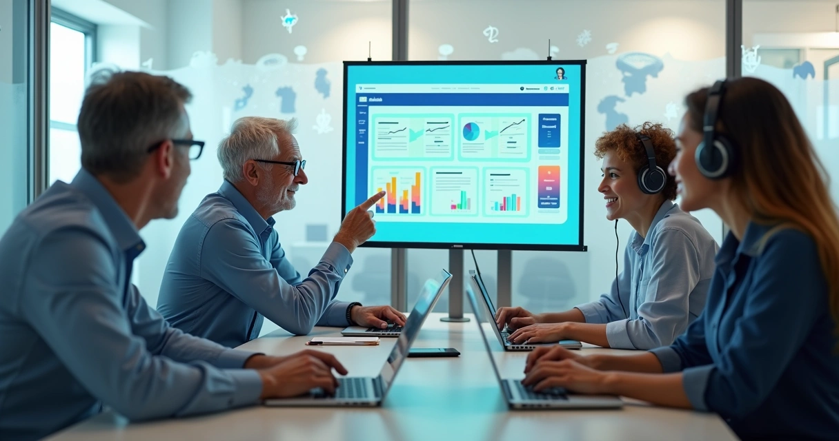 Equipe multigeracional aprendendo junta em plataforma digital corporativa