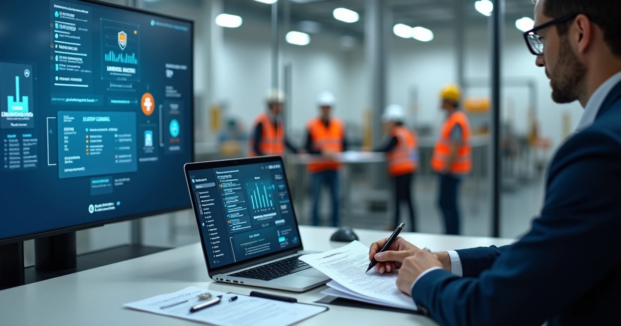Gestor analisando relatórios de treinamento de segurança em fábrica