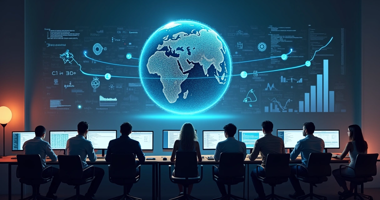 Painel digital mostrando colaboração global em projetos de IA open-source