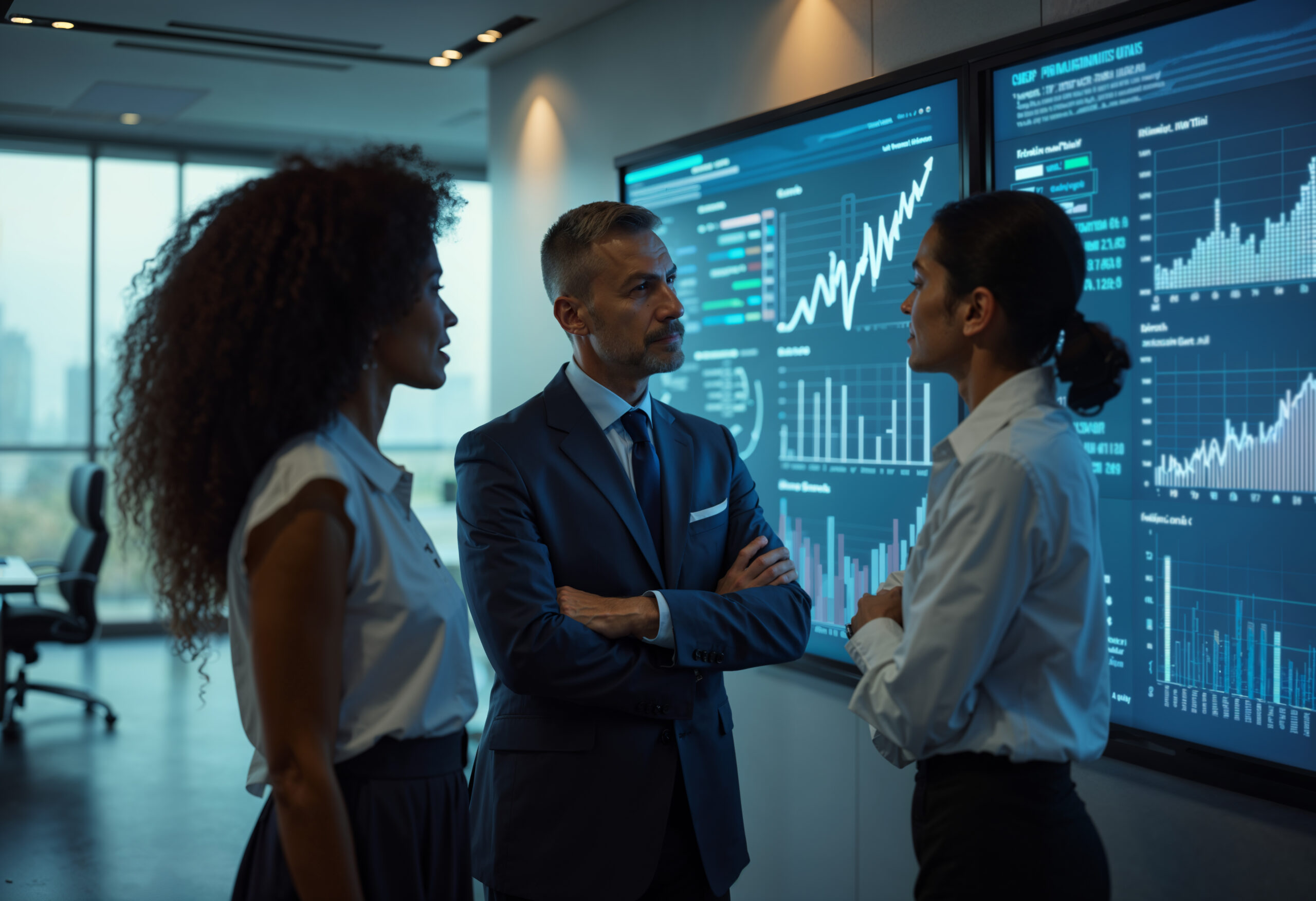 Gestor analisa dashboard de employee experience em grande tela com gráficos de engajamento