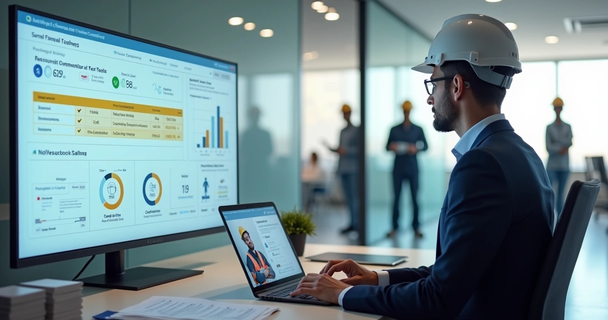 Gestor analisando painel de treinamento digital com foco em compliance de NRs
