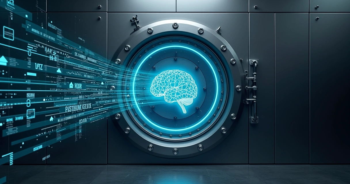 Cofre digital aberto exibindo fluxo seguro de dados corporativos com ícone de IA