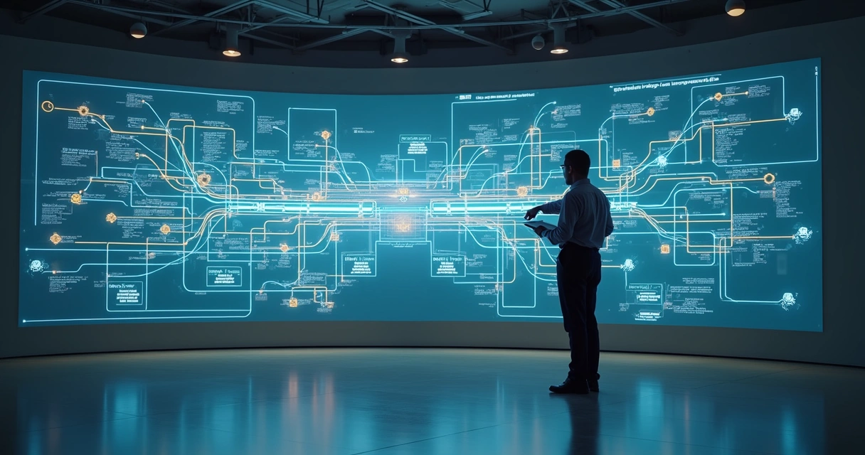 Painel digital exibindo fluxos de skills de IA interligados