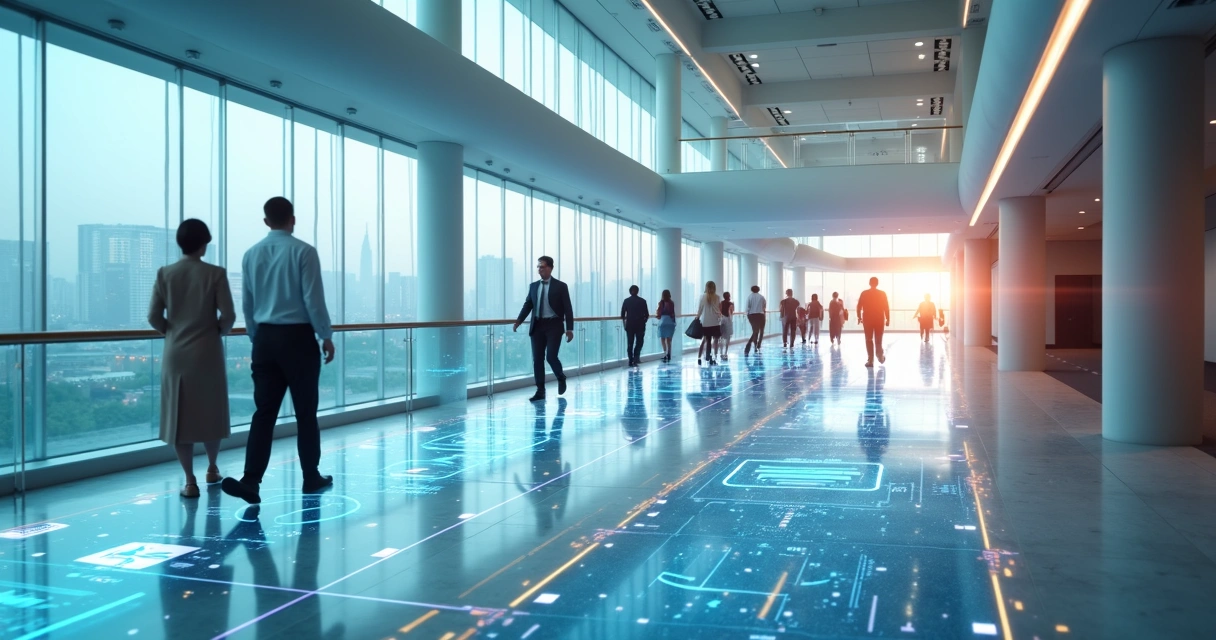 Colaboradores caminhando por trilha digital de aprendizado corporativo futurista