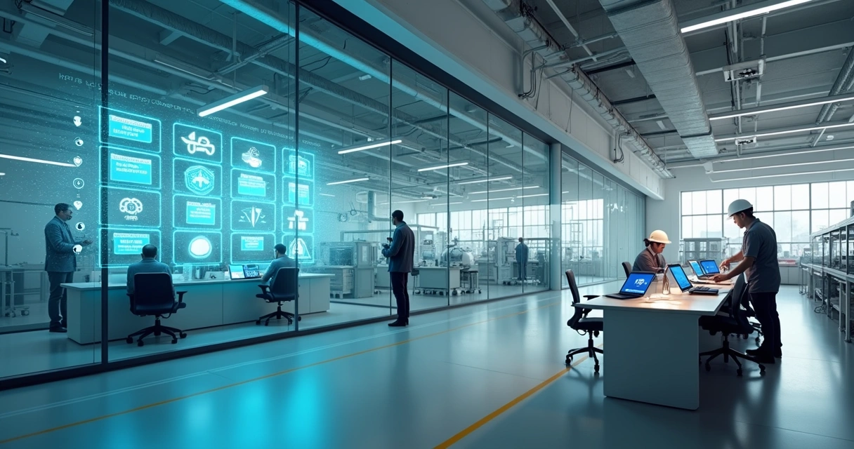Linha de produção e escritório conectados por fluxo visual de inteligência artificial